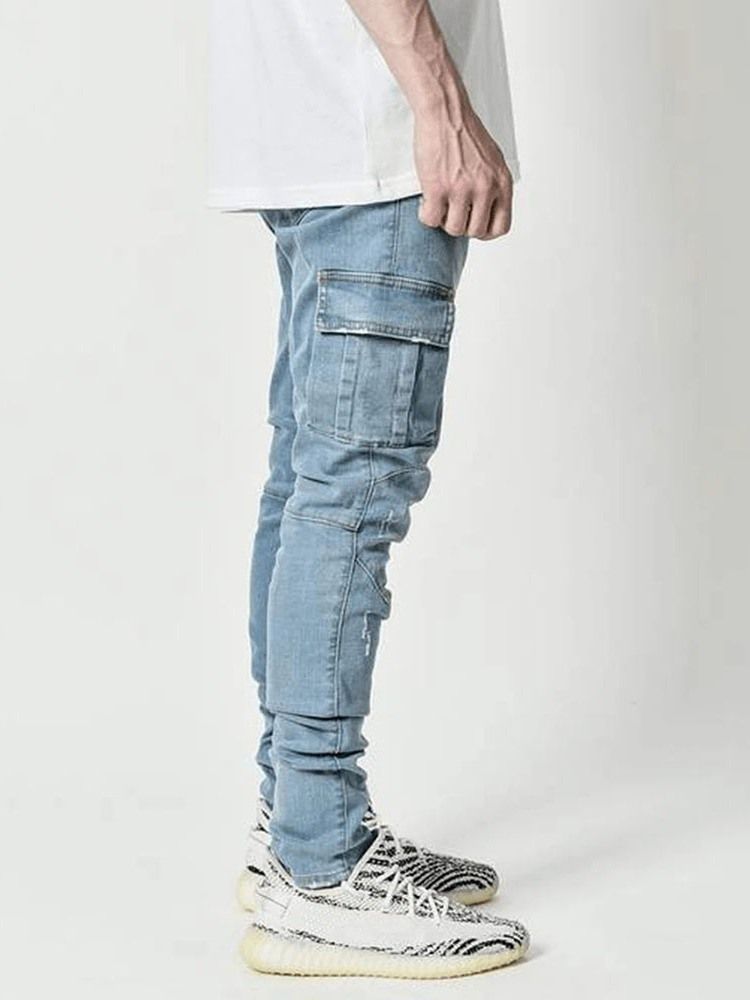 Pencil Pants Plain Pocket Mid Waist Casual Mäns Jeans