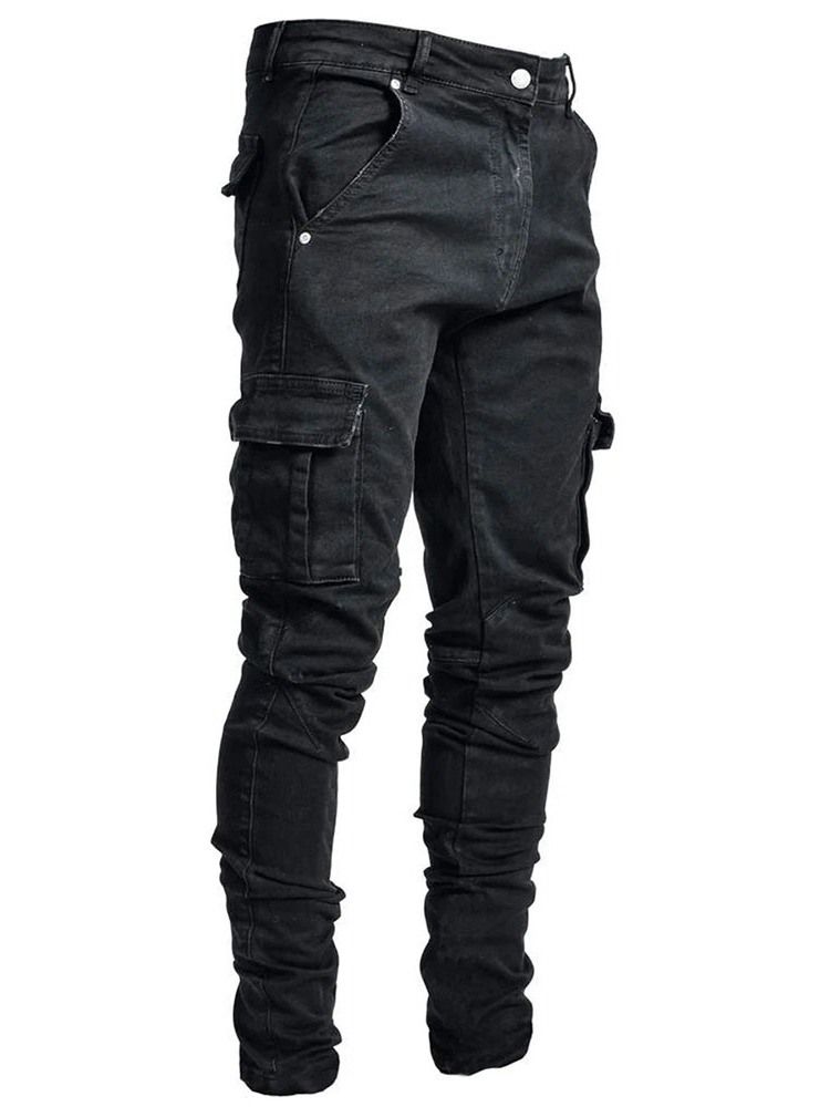 Pencil Pants Plain Pocket Mid Waist Casual Mäns Jeans