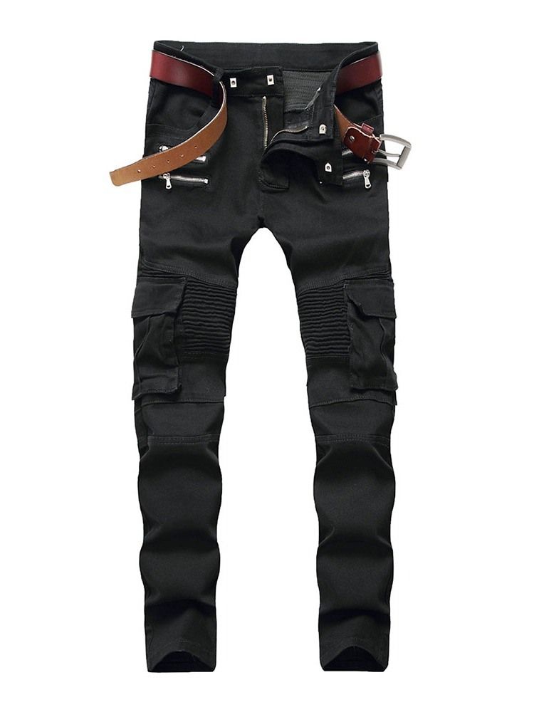 Pencil Pants Plain Pocket Mid Waist Jeans För Män