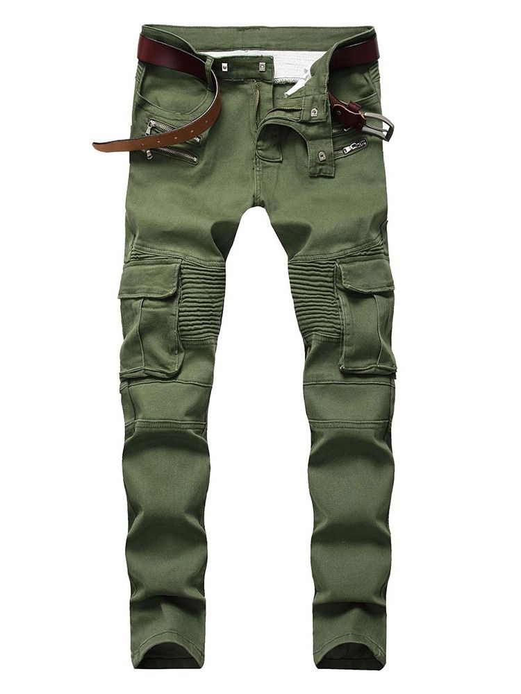 Pencil Pants Plain Pocket Mid Waist Jeans För Män