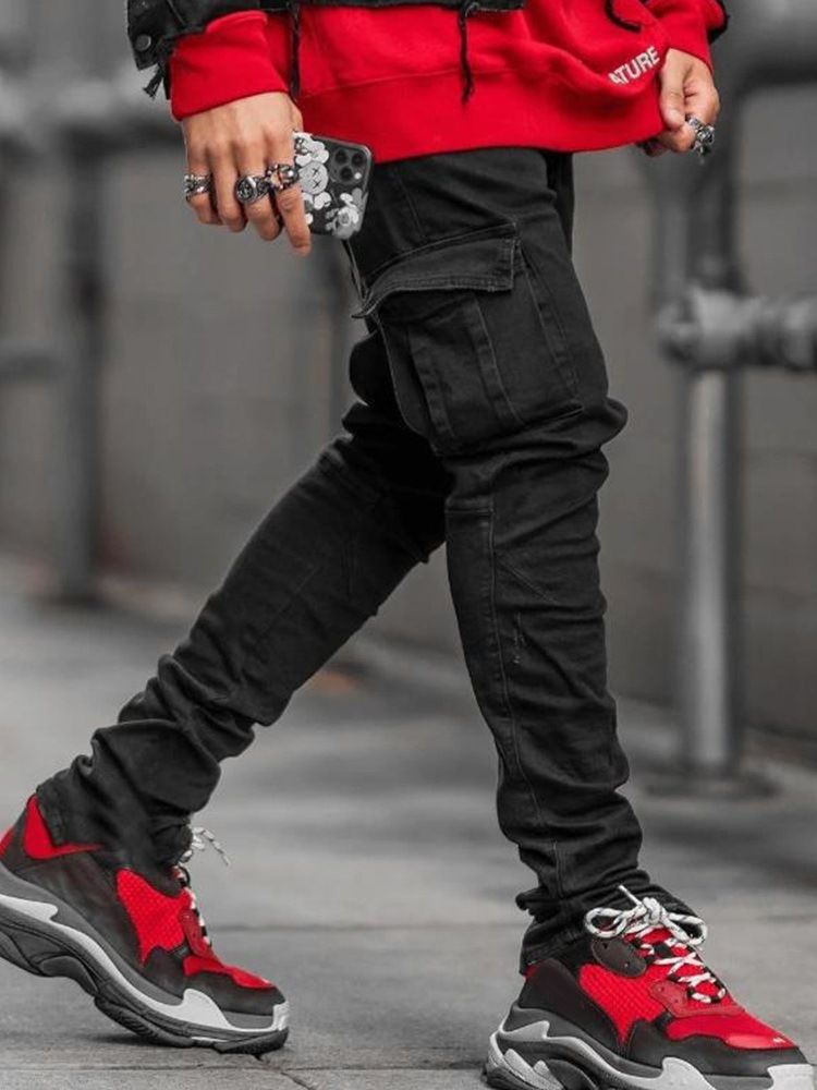 Plain Pocket Pencil Pants European Zipper Jeans