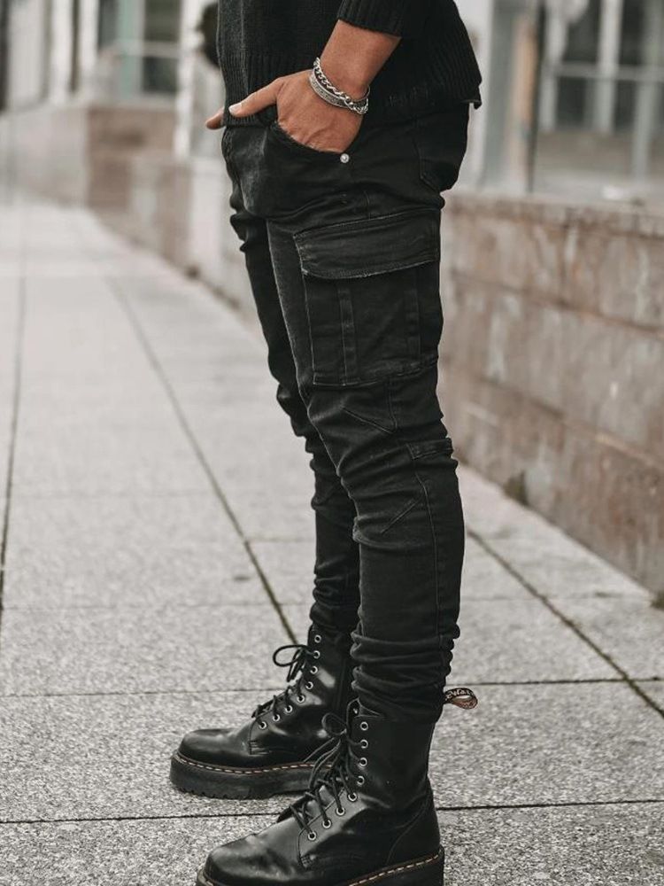 Plain Pocket Pencil Pants European Zipper Jeans