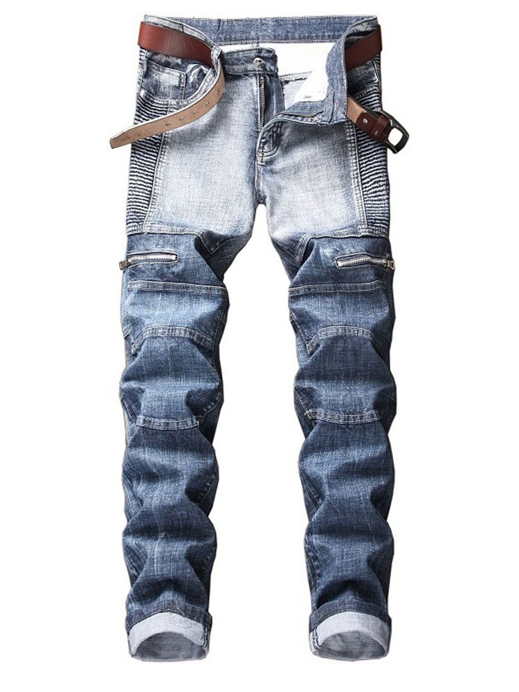 Plisserad Dragkedja Bärda Raka Män Casual Jeans