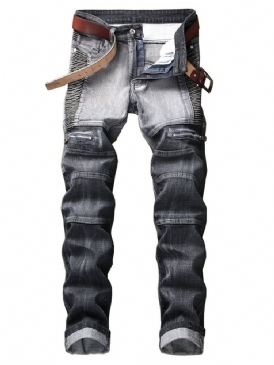 Plisserad Dragkedja Bärda Raka Män Casual Jeans
