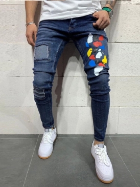 Print Color Block Mode Jeans Med Mid Midja