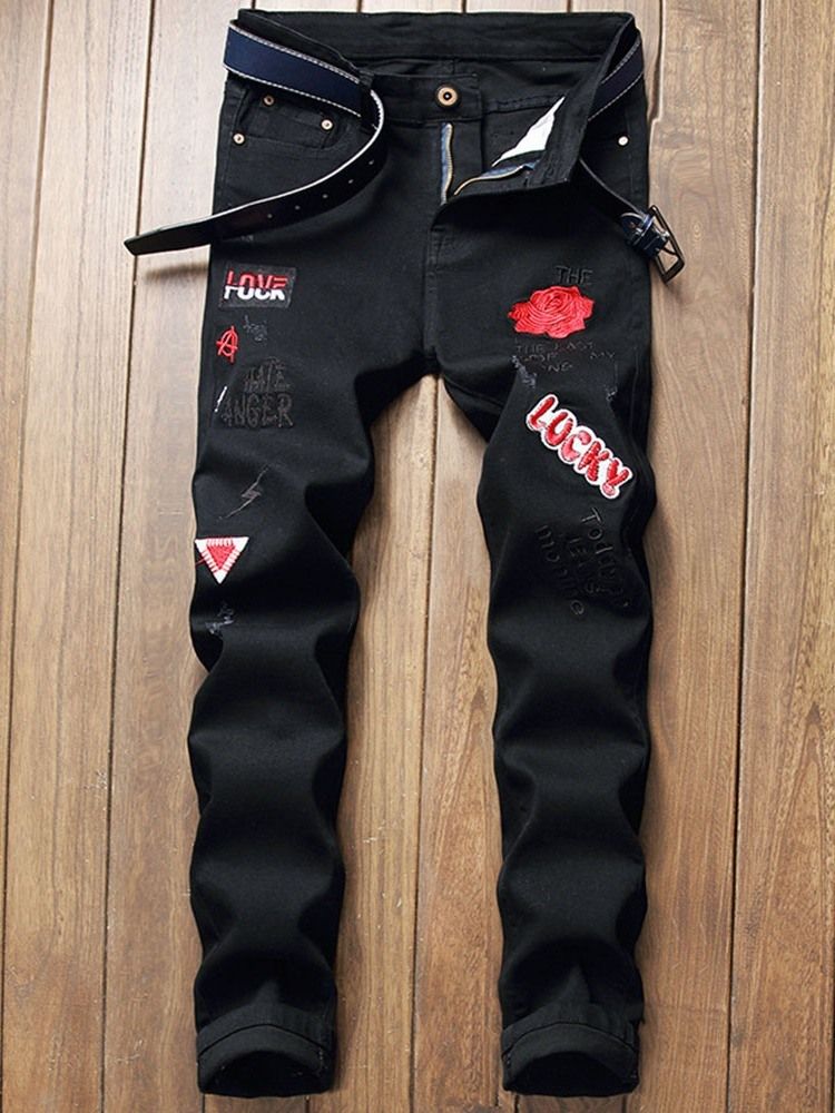 Print Rak Blommig Dragkedja För Män Casual Jeans