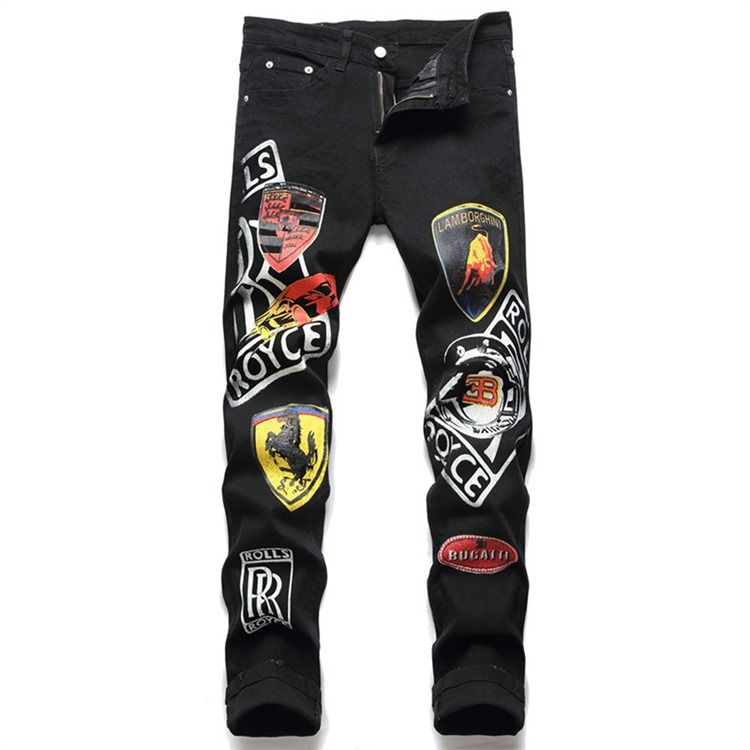 Print Rak Bokstav Dragkedja Mid Waist Jeans