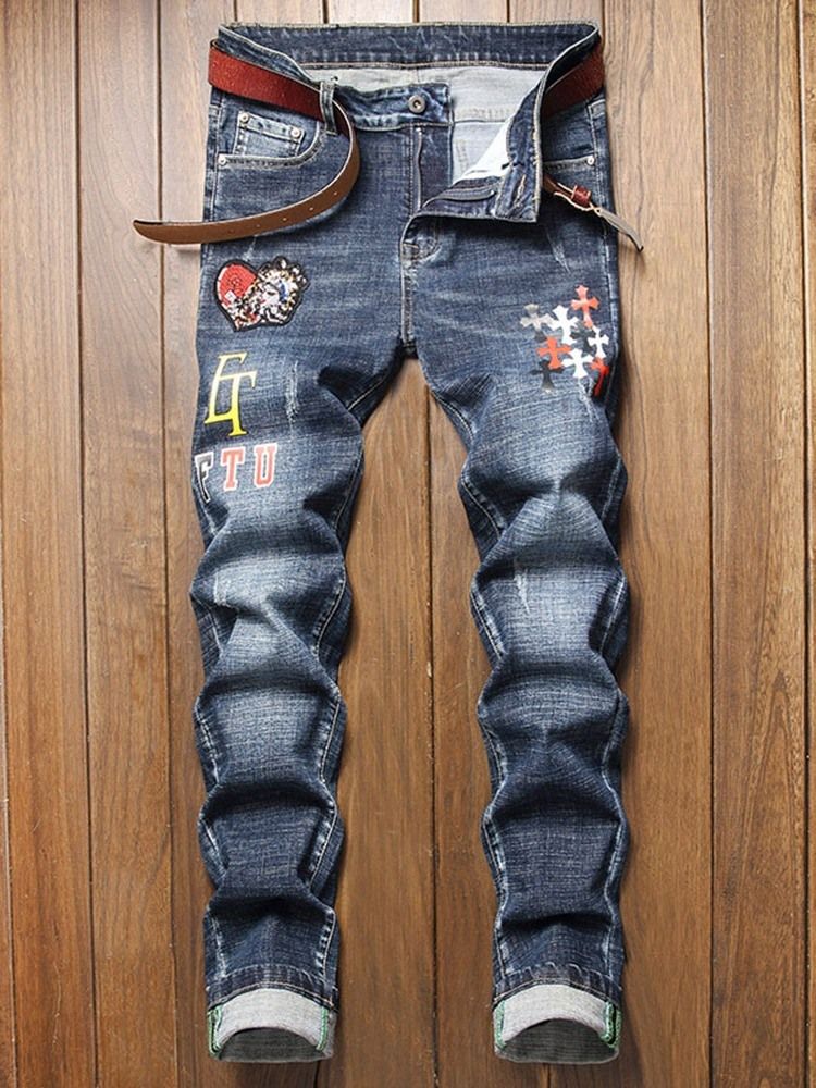 Print Rak Midja Casual Jeans