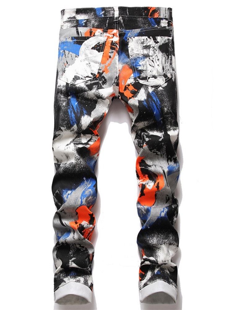 Print Rak Midja Jeans Med Dragkedja