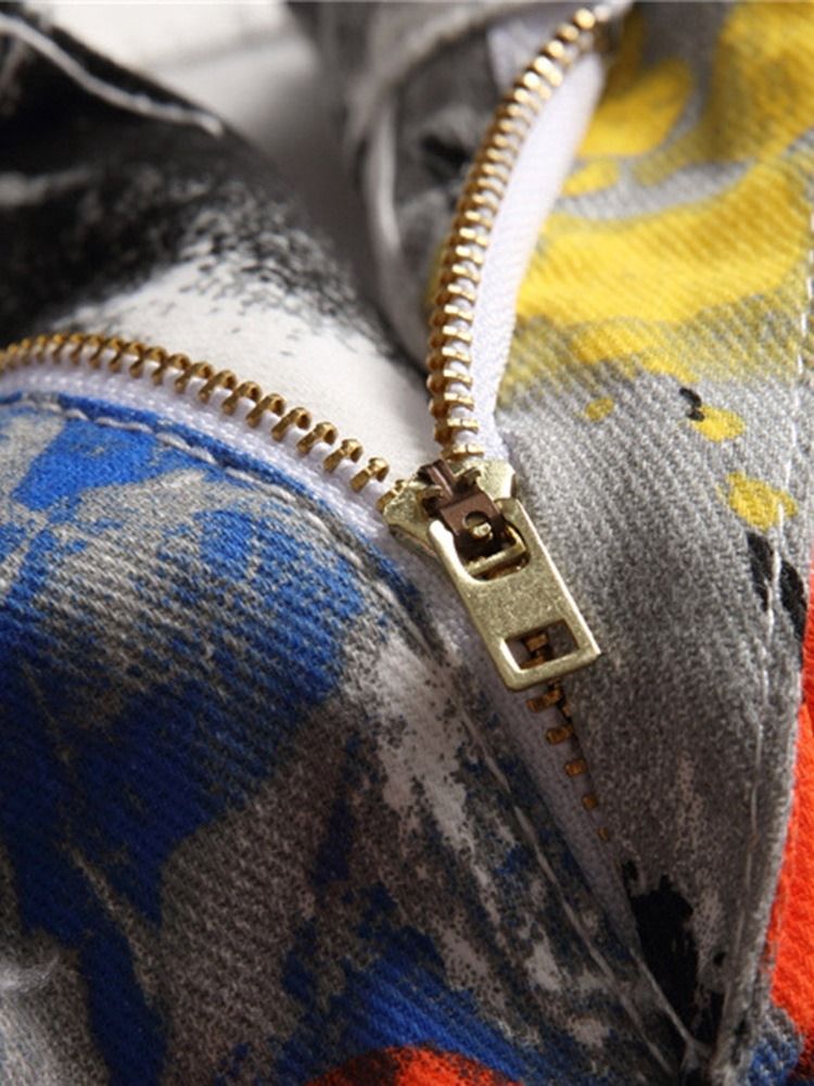 Print Rak Midja Jeans Med Dragkedja
