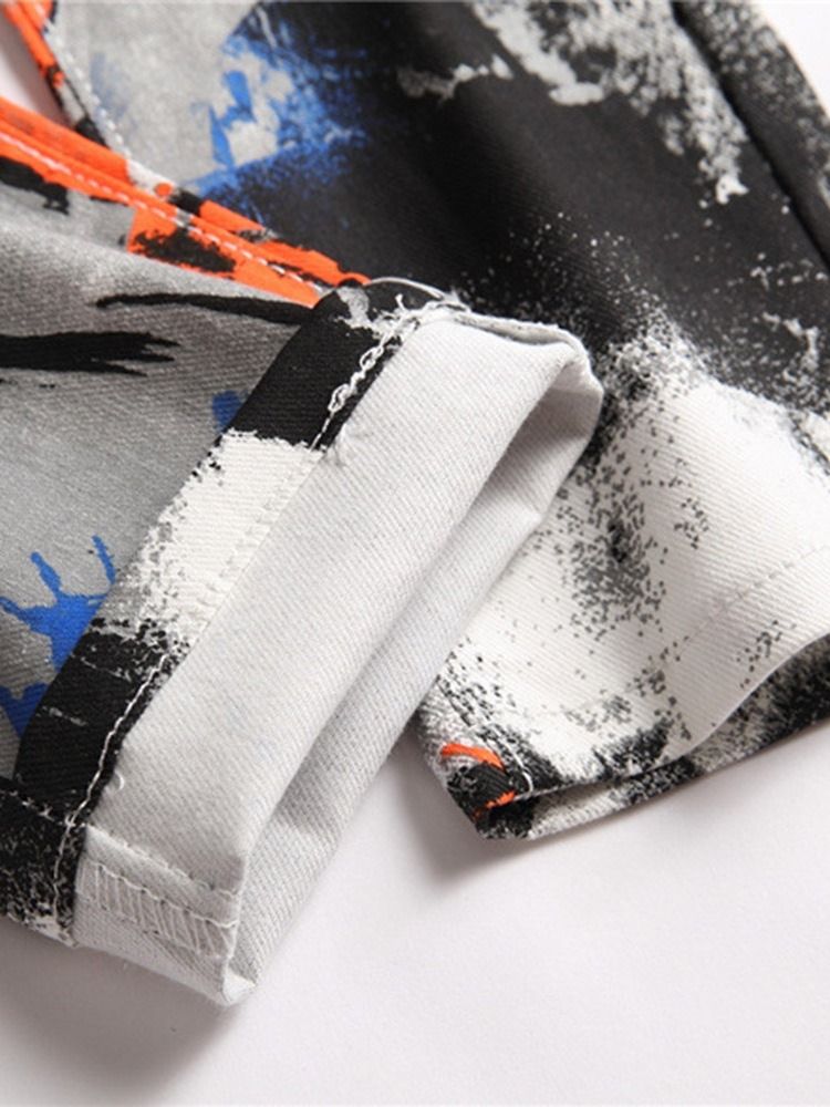 Print Rak Midja Jeans Med Dragkedja