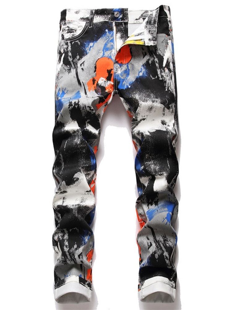 Print Rak Midja Jeans Med Dragkedja
