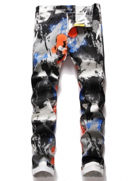 Print Rak Midja Jeans Med Dragkedja