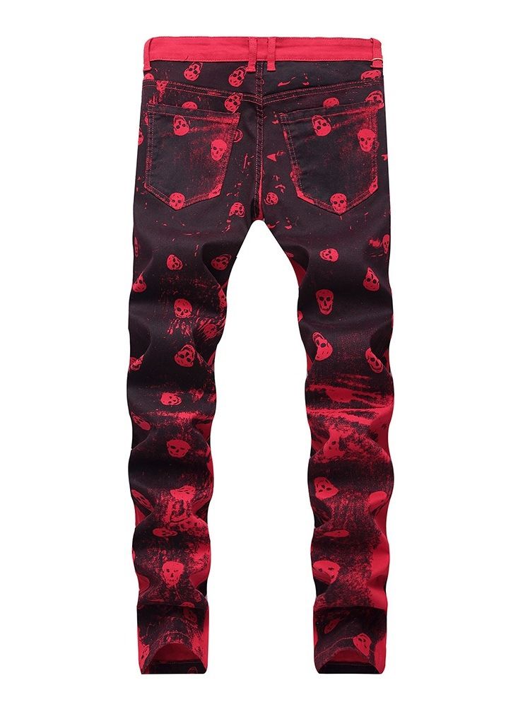 Print Skull Rak Zipper Casual Jeans