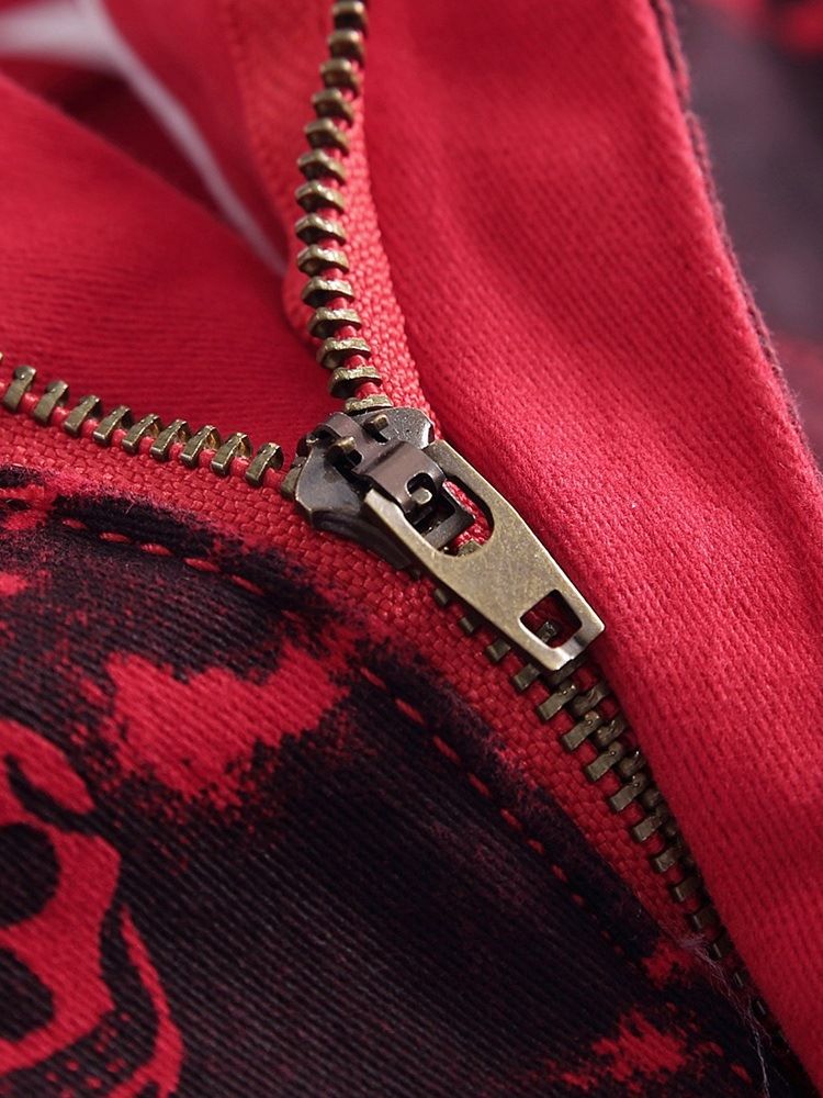 Print Skull Rak Zipper Casual Jeans