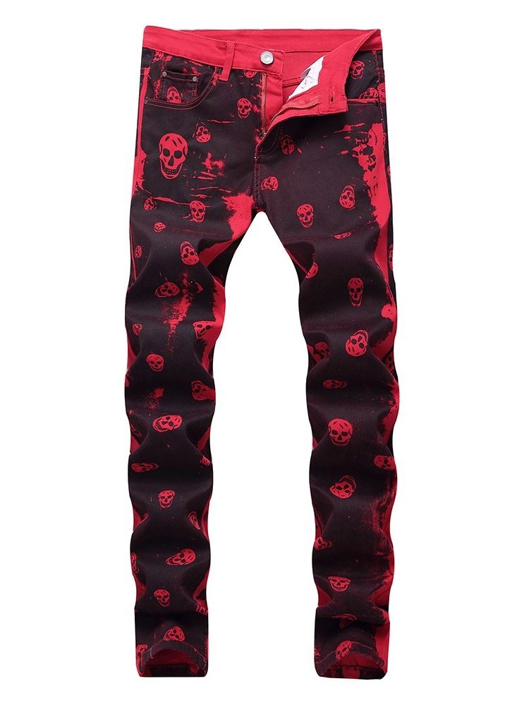 Print Skull Rak Zipper Casual Jeans