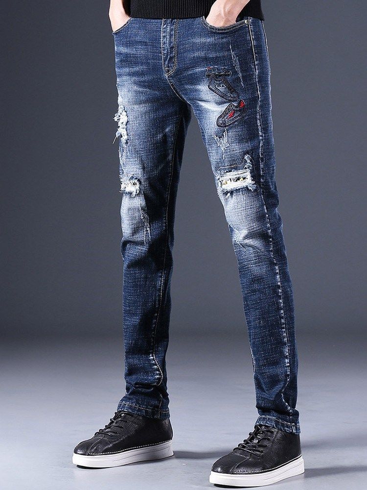 Rak Sliten Dragkedja European Casual Jeans