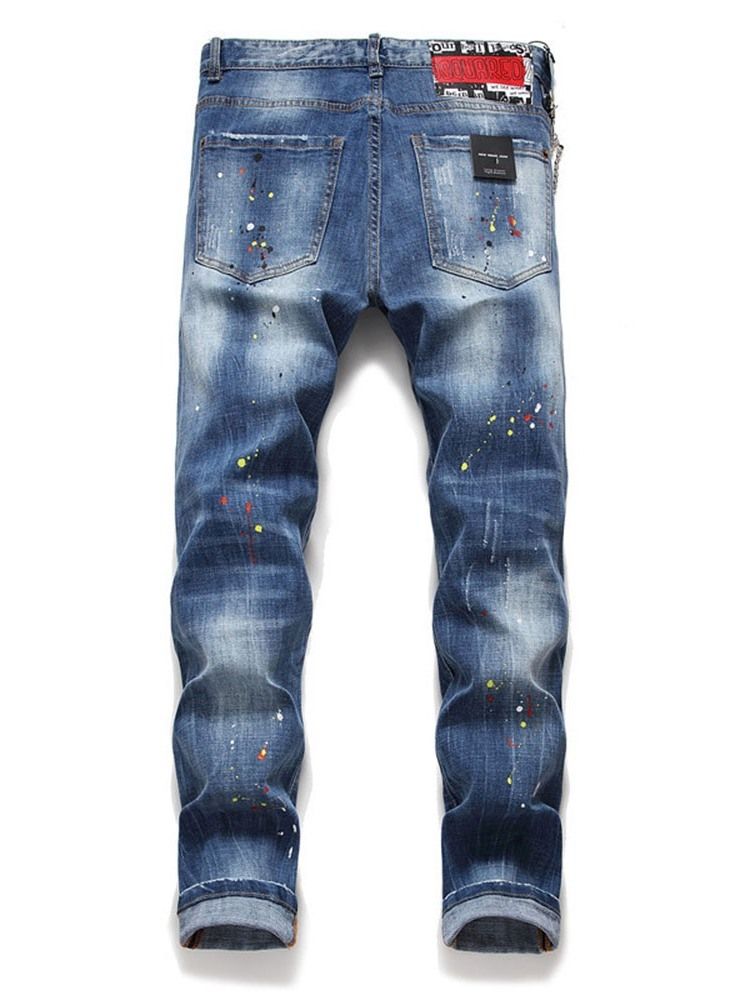 Rak Slitna Europeiska Slanka Jeans Med Mid Midja För Män