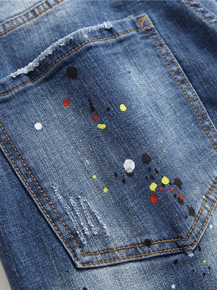 Rak Slitna Europeiska Slanka Jeans Med Mid Midja För Män
