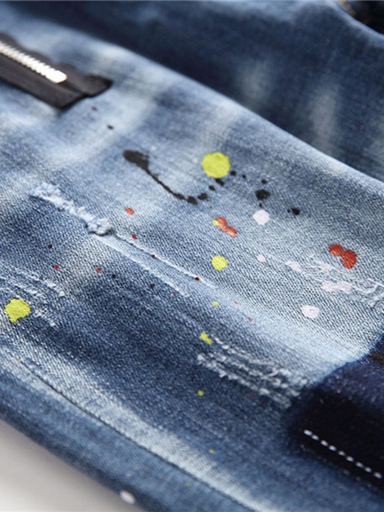 Rak Slitna Europeiska Slanka Jeans Med Mid Midja För Män