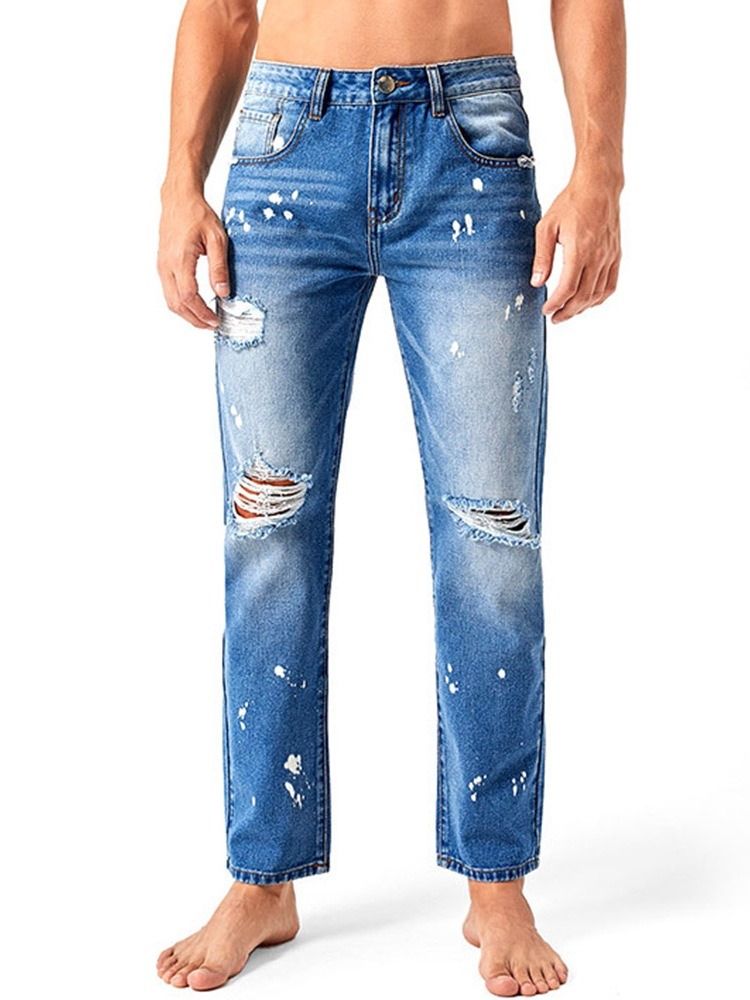 Rak Slitna Färgblock Mid Midja Blixtlås Herrjeans