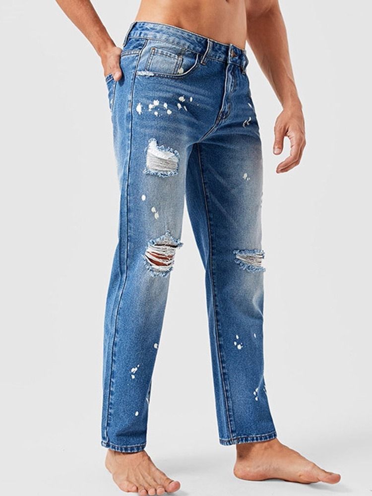 Rak Slitna Färgblock Mid Midja Blixtlås Herrjeans