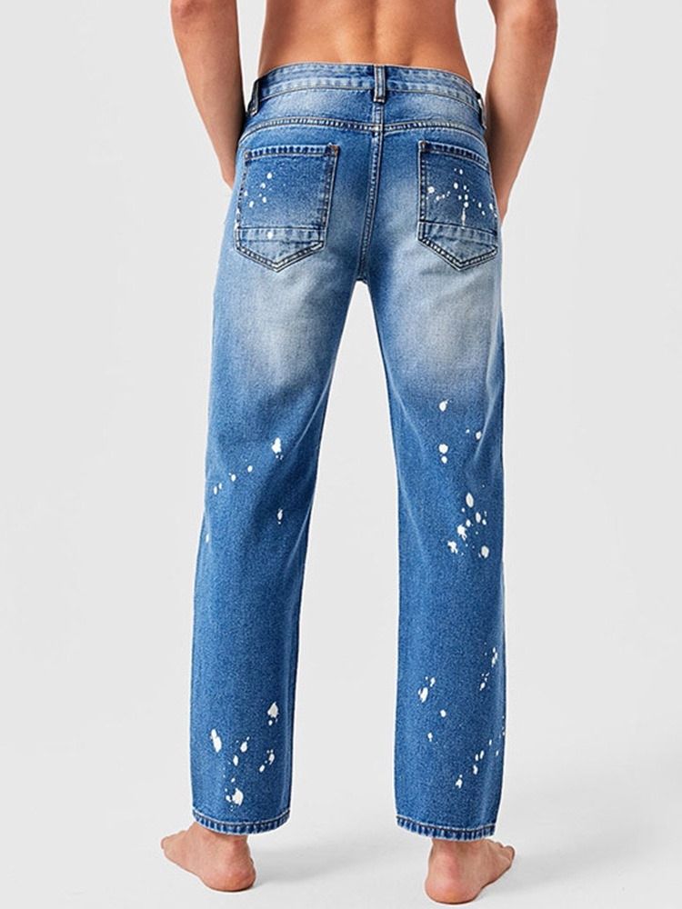 Rak Slitna Färgblock Mid Midja Blixtlås Herrjeans