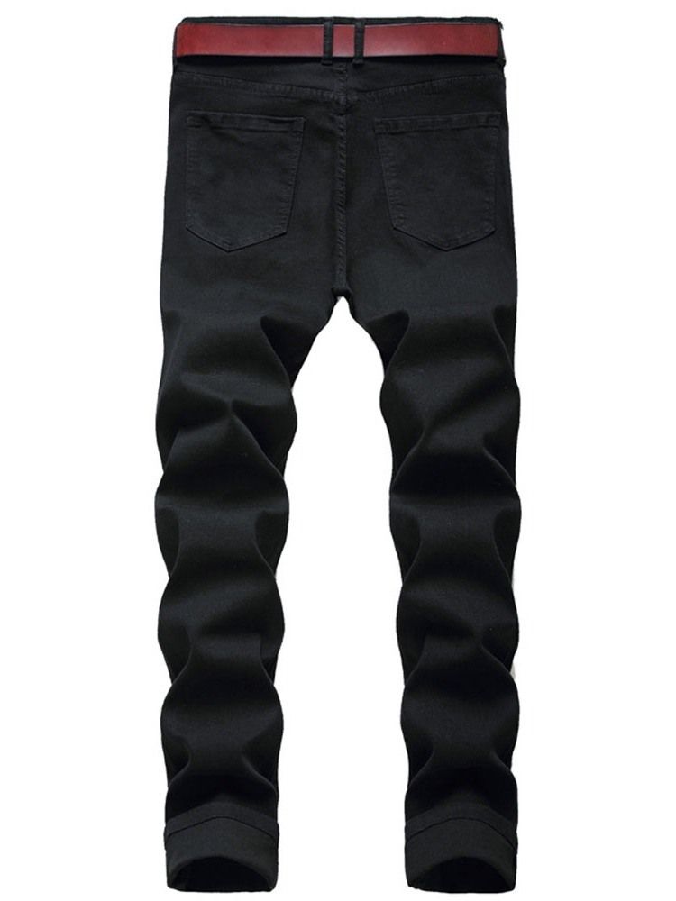 Rak Tryck Casual Zipper Mäns Hål Jeans