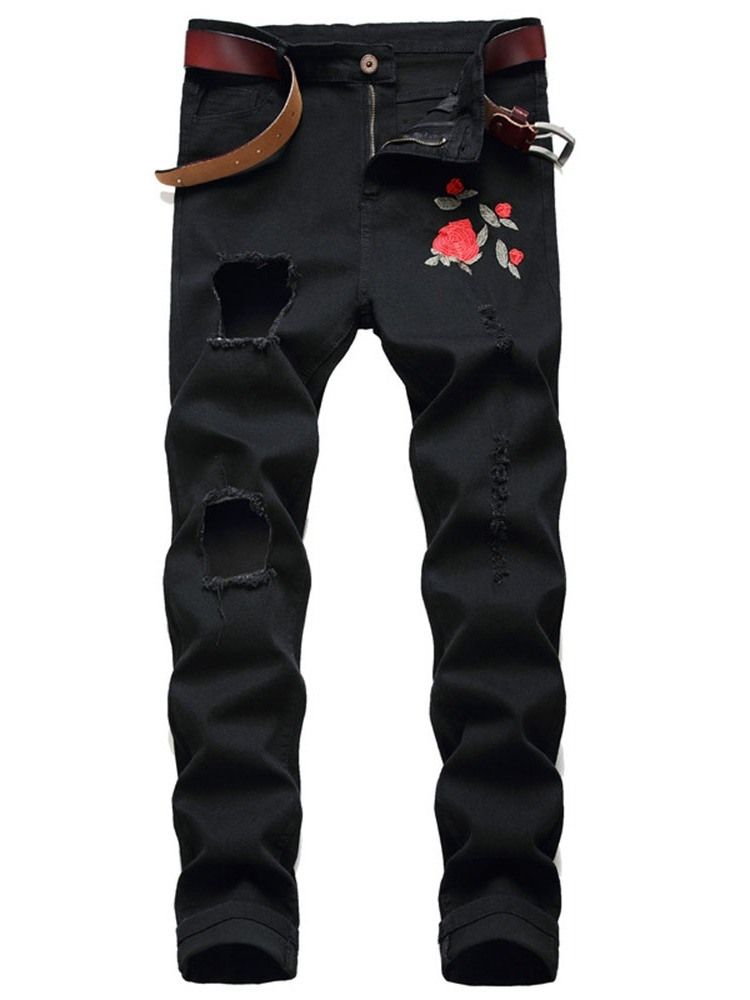 Rak Tryck Casual Zipper Mäns Hål Jeans