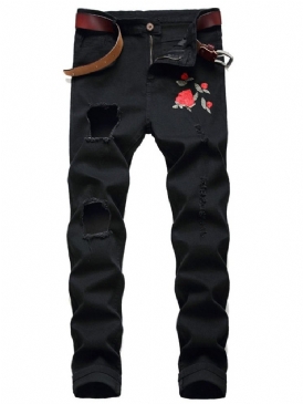 Rak Tryck Casual Zipper Mäns Hål Jeans