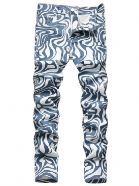 Raka Casual Jeans Med Mitten Av Midjan Med Tryck För Män