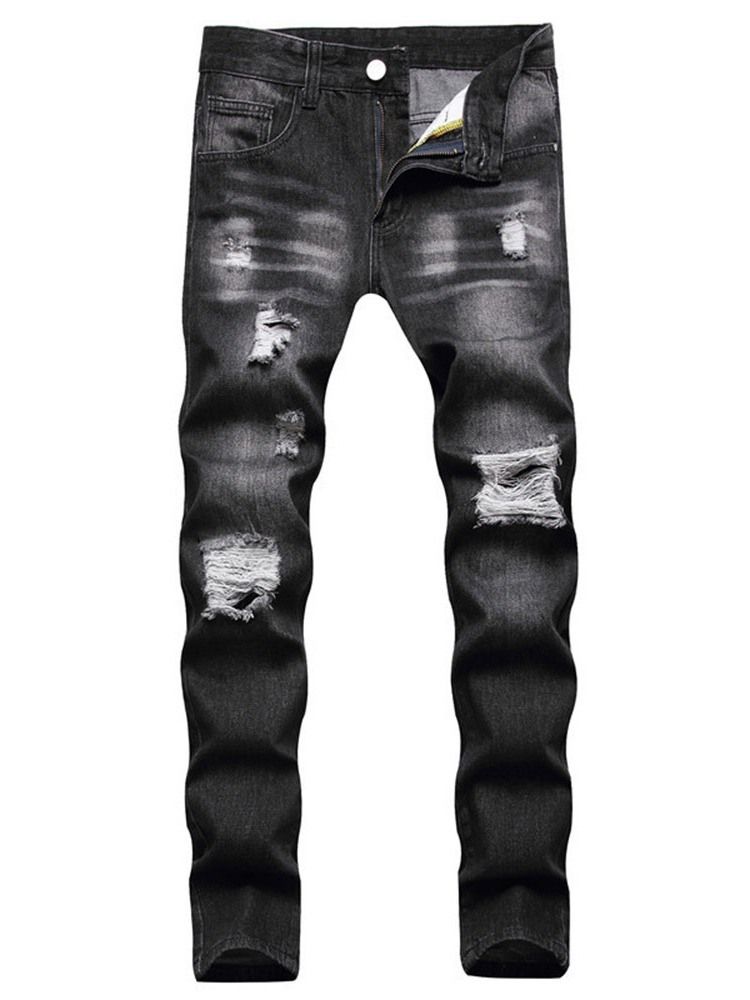 Raka Hål Casual Dragkedja Svarta Jeans För Män