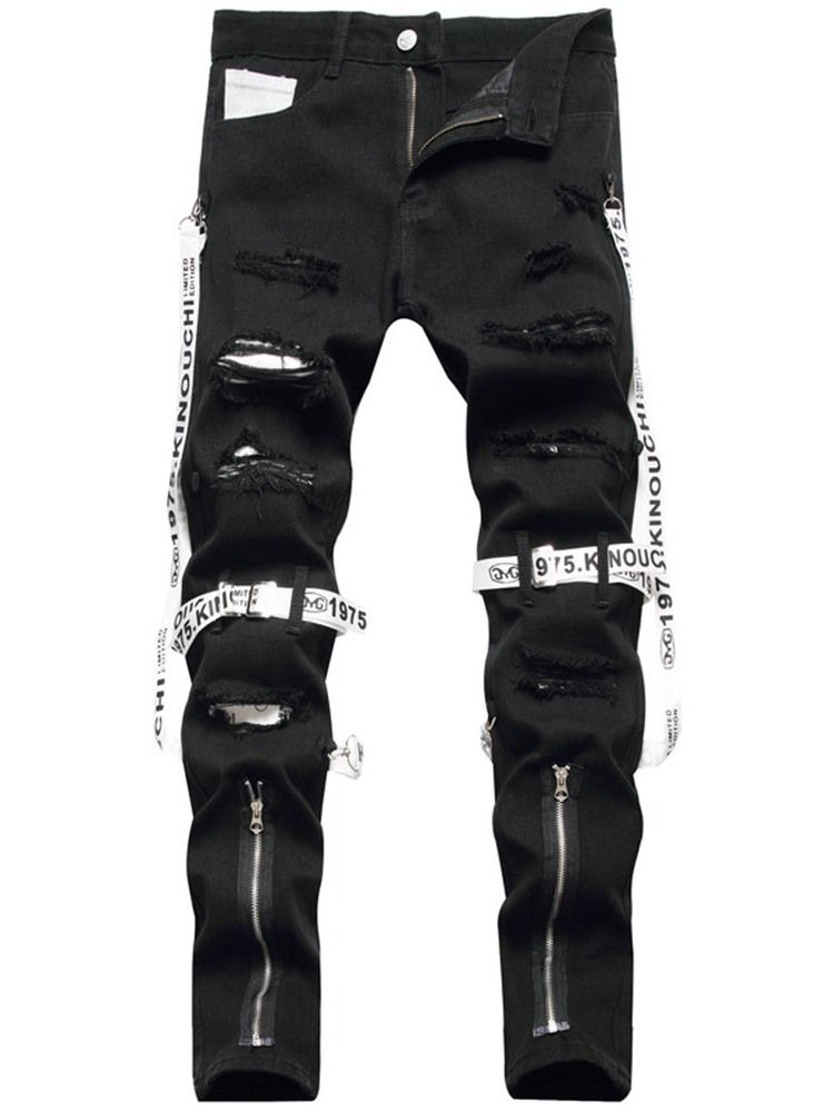 Raka Hål Color Block Mid Midja Dragkedja Casual Jeans