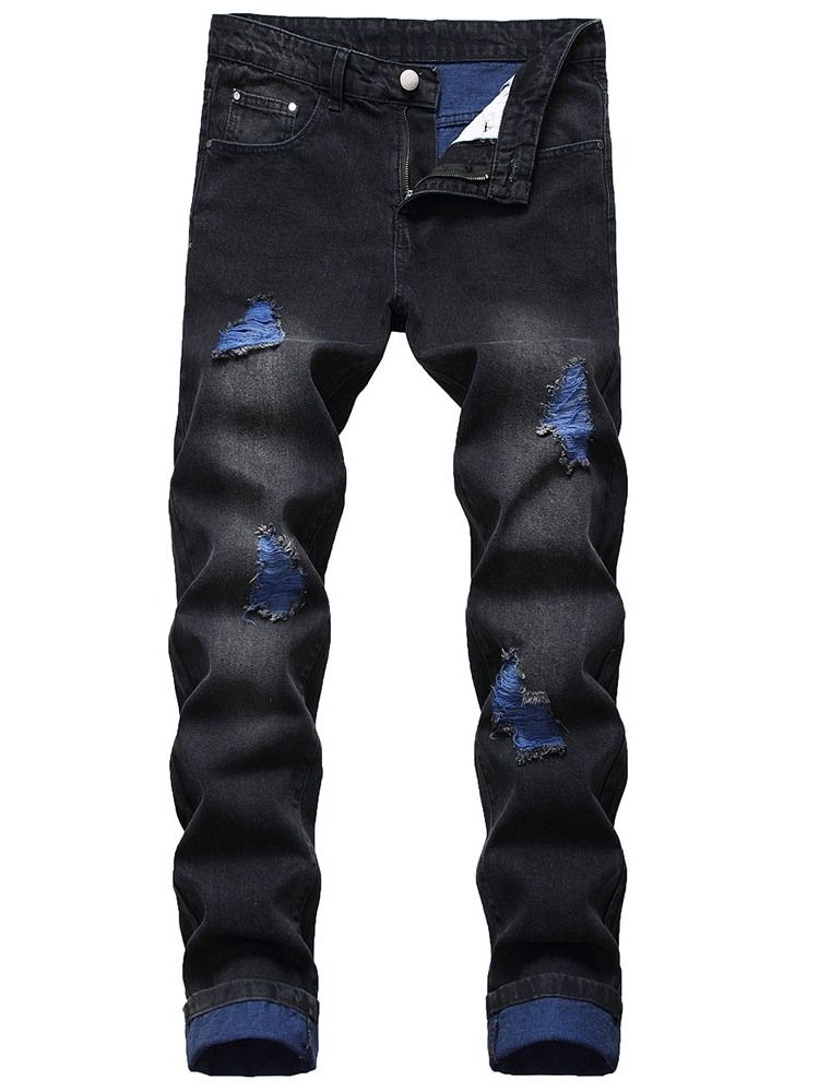 Raka Hål Color Block Mid Waist Zipper Jeans