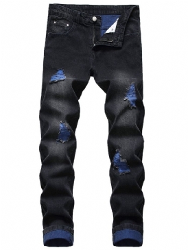 Raka Hål Color Block Mid Waist Zipper Jeans