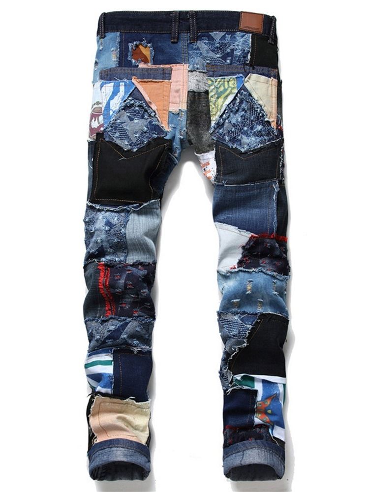 Raka Lapptäcke Färgblock Jeans Med Knapp Midja