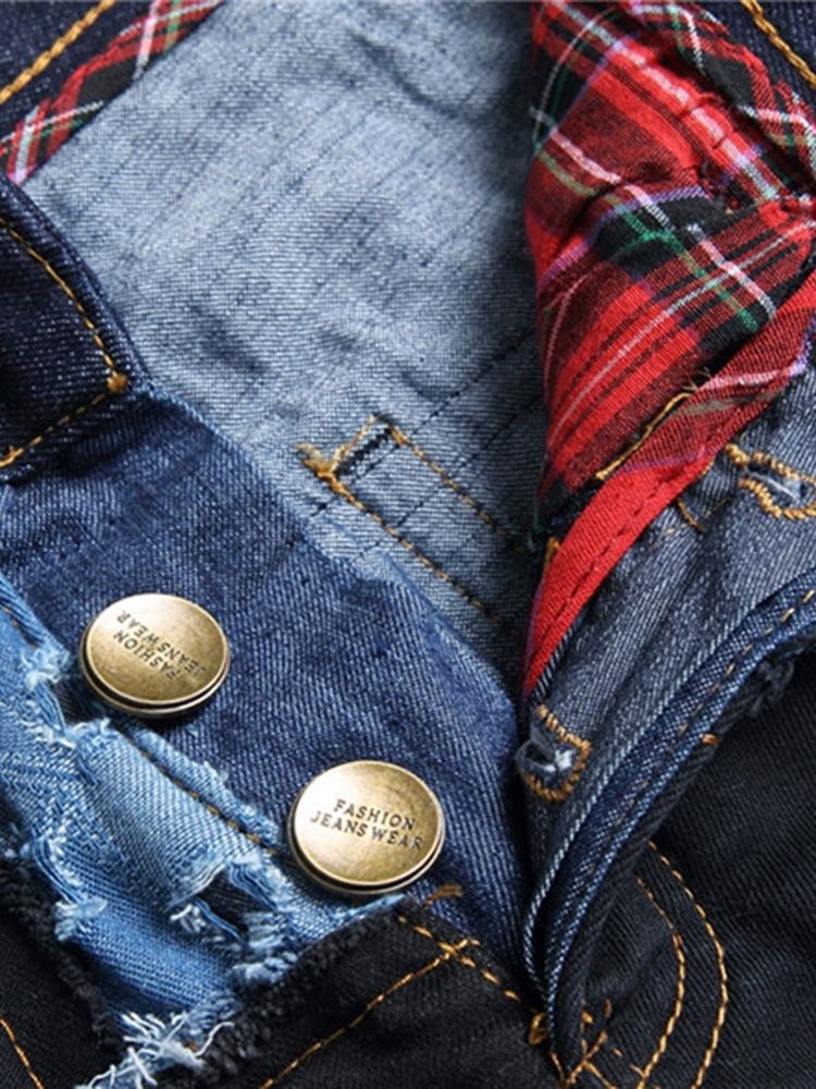 Raka Lapptäcke Färgblock Jeans Med Knapp Midja