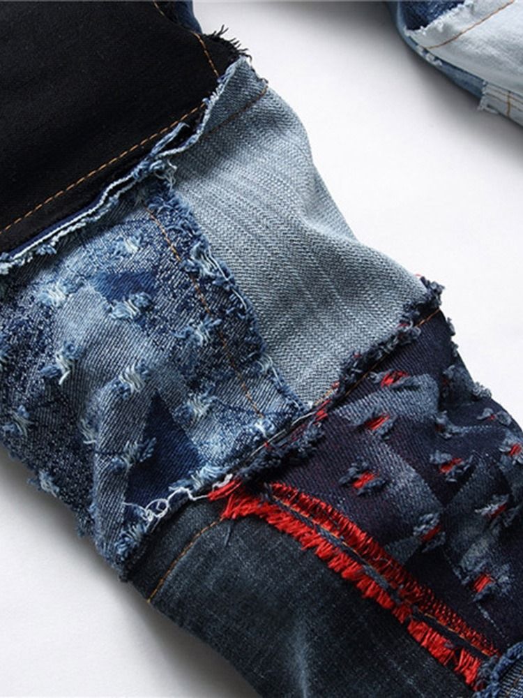 Raka Lapptäcke Färgblock Jeans Med Knapp Midja
