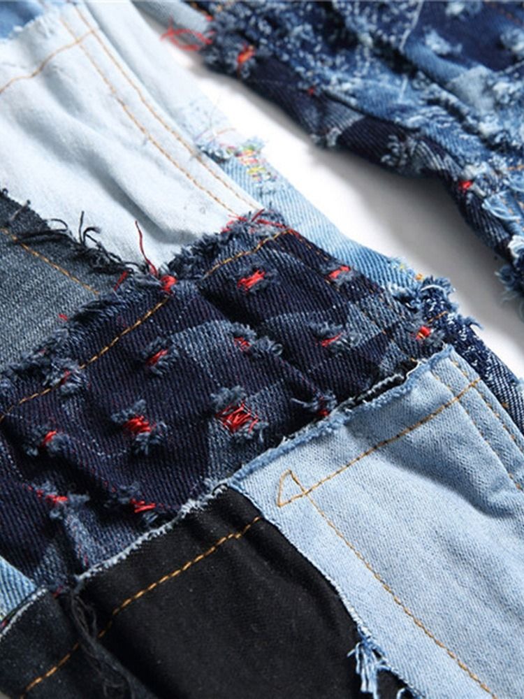 Raka Lapptäcke Färgblock Jeans Med Knapp Midja