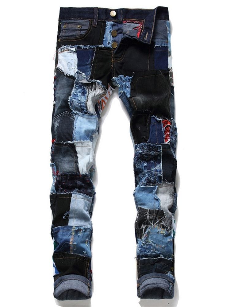 Raka Lapptäcke Färgblock Jeans Med Knapp Midja