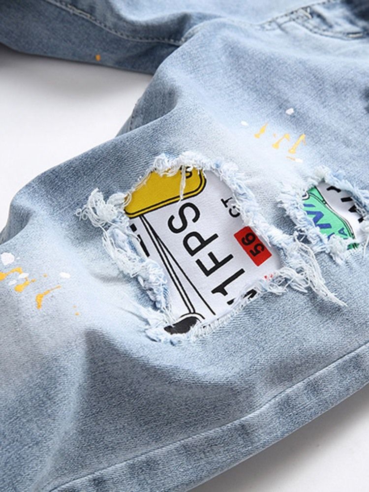 Skriv Ut Letter Zipper Casual Jeans