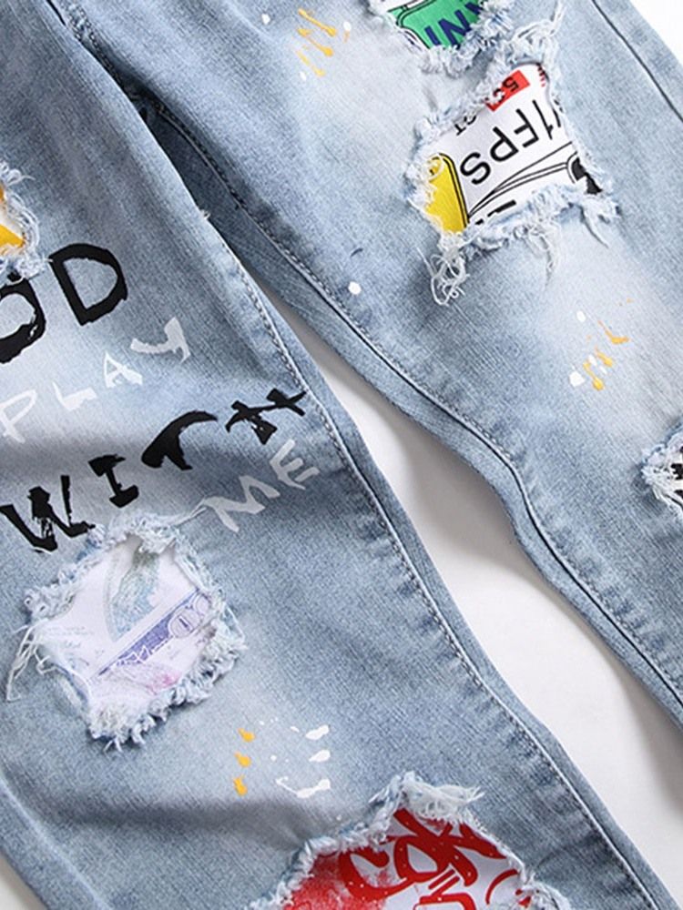 Skriv Ut Letter Zipper Casual Jeans