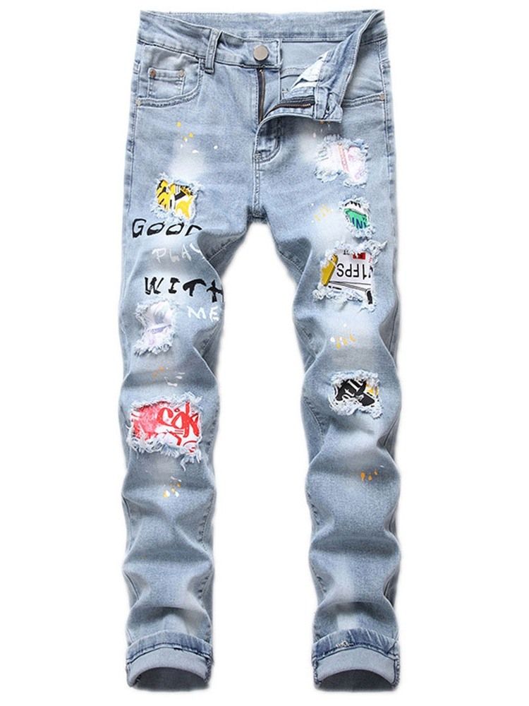 Skriv Ut Letter Zipper Casual Jeans