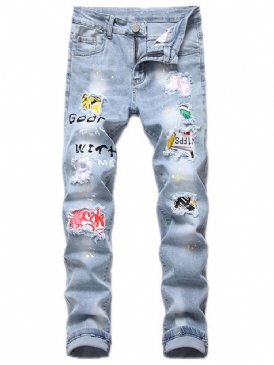 Skriv Ut Letter Zipper Casual Jeans