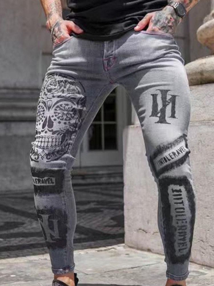 Skull Zipper Pencil Byxor Dragkedja Herr Casual Jeans