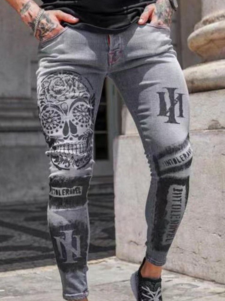Skull Zipper Pencil Byxor Dragkedja Herr Casual Jeans
