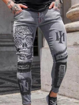 Skull Zipper Pencil Byxor Dragkedja Herr Casual Jeans