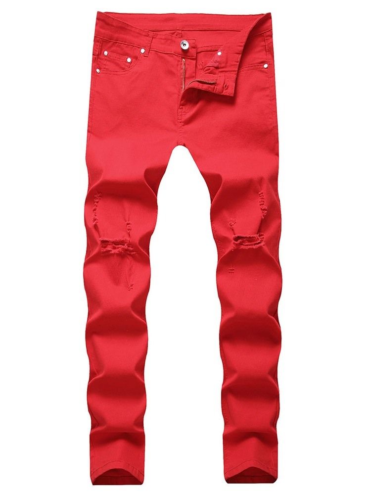 Sliten Enfärgad Rak Dragkedja Europeiska Jeans För Män