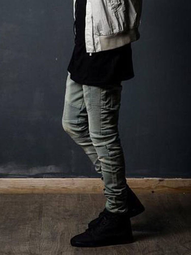 Sliten Stripe Dragkedja Mid Waist Herr Denim Pencil Byxor