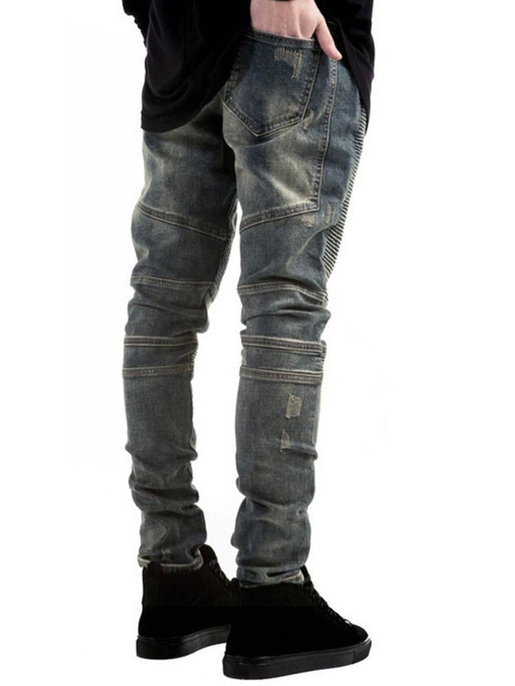 Sliten Stripe Dragkedja Mid Waist Herr Denim Pencil Byxor